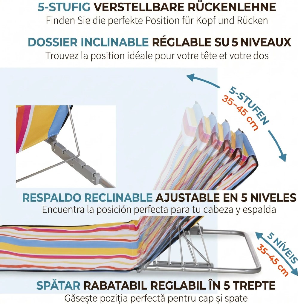 Outsunny Set 2 Șezlonguri de Plajă cu Spătar Reglabil pe 5 Niveluri, Tetieră și Geantă de Transport, 124x53x35-45 cm, Multicolor | Aosom Romania