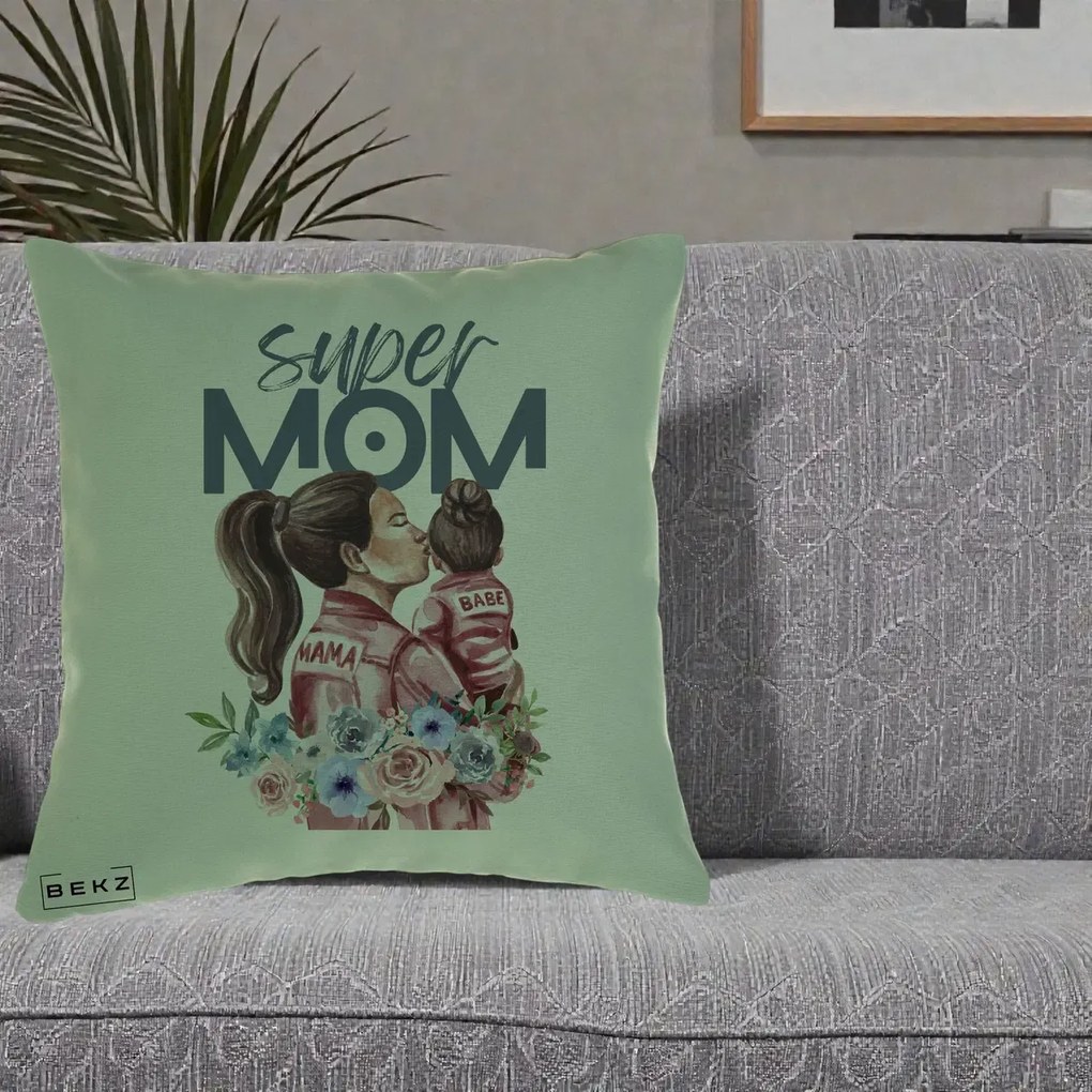 Cadou pentru Mama - Perna Personalizata Super Mom Mama cu Bebelusul, 40x40 cm, Verde, Husa Detasabila, Perna Inclusa, BEKZ®