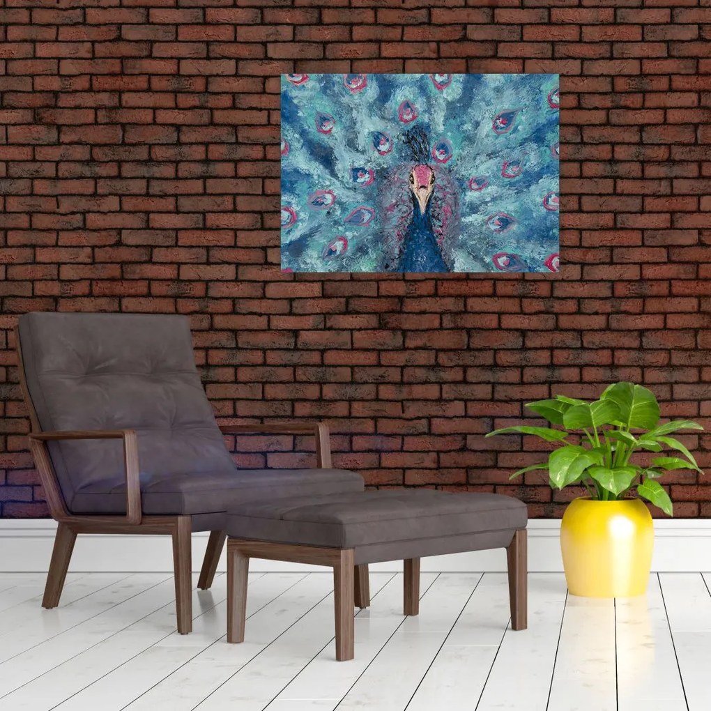 Tablou pe sticlă cu păun pictat (70x50 cm)