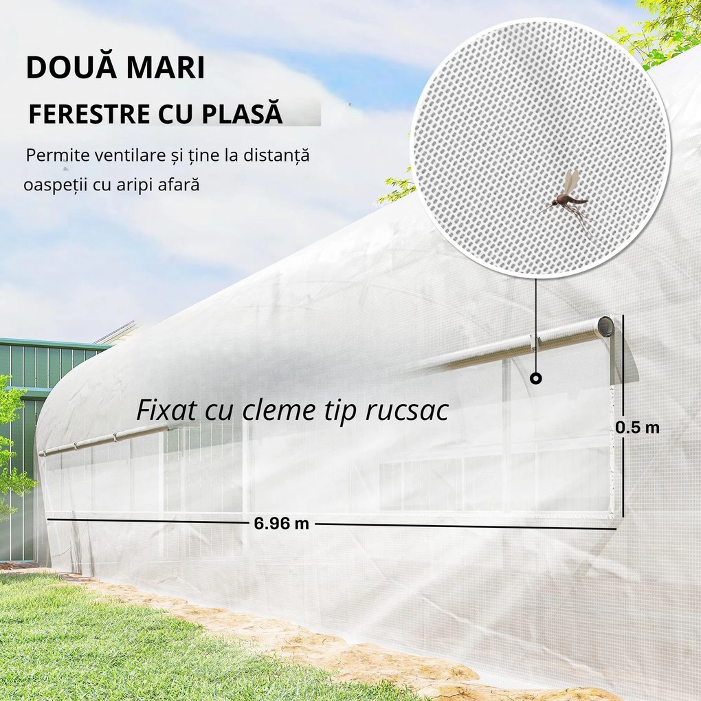 Outsunny Seră tunel de grădină 24 m², seră tunel cu cadru din oțel galvanizat, uși și 2 ferestre mari, alb | Aosom Romania