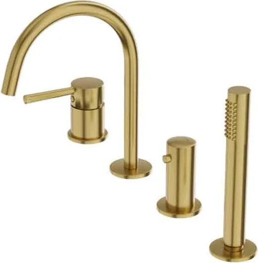 Baterie cada cu montaj pe cada, auriu periat, 4 gauri, cu set dus, pipa 20 cm, LaVita Verdi Auriu