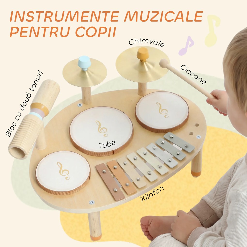 AIYAPLAY Set de Instrumente Muzicale pentru Copii de la 2+ Ani cu Tobe și Xilofon, Culoare Naturală | Aosom Romania