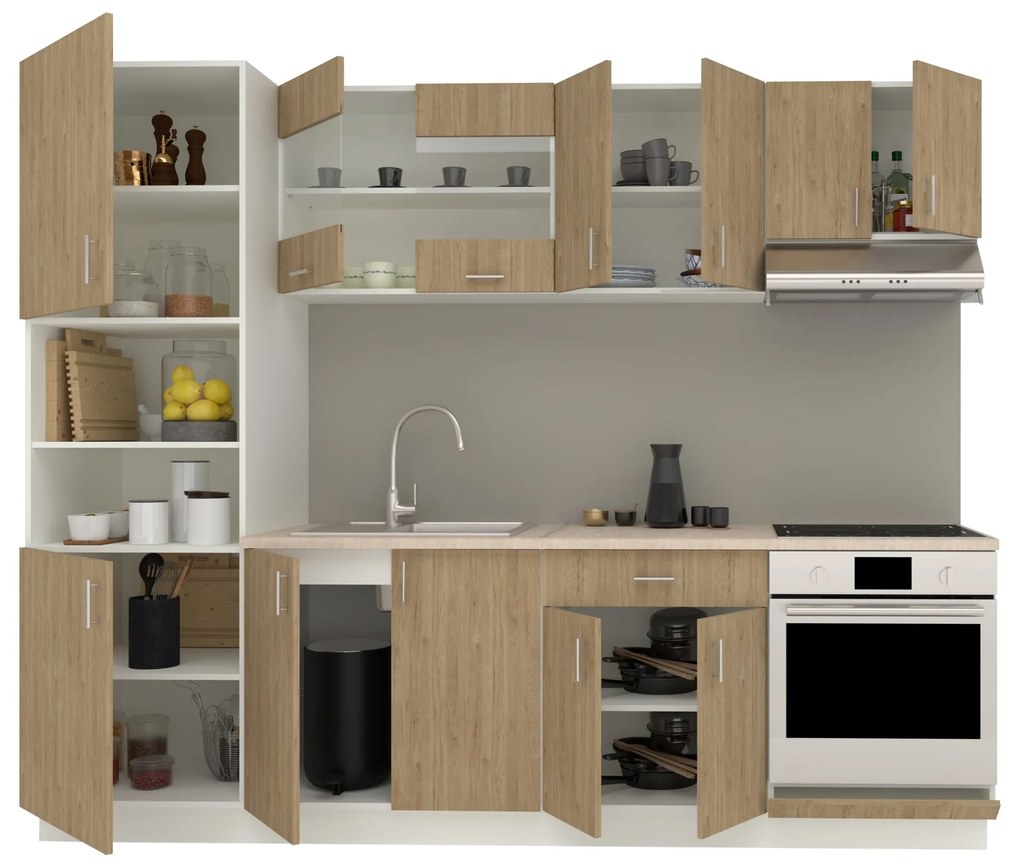 Set Bucatarie Karo V20, Lemn Natural/Alb, Blat Thermo 28 mm, L 260 cm