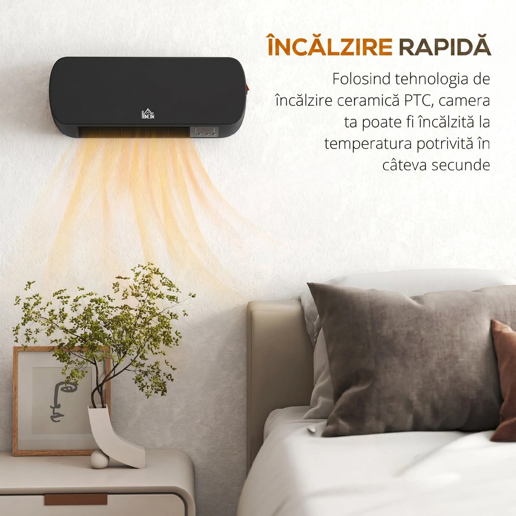 HOMCOM Aerotermă Electrică de Perete cu Telecomandă și Timer 12h, Negru | Aosom Romania