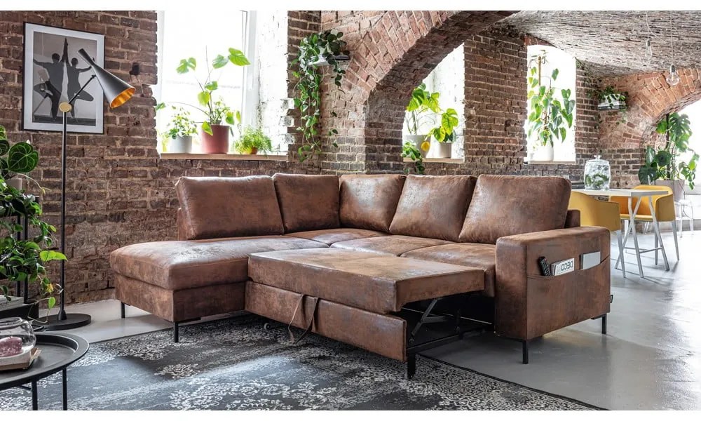 Colțar maro extensibil cu tapițerie din imitație de piele (cu colț pe partea stângă ) Lofty Lilly – Miuform