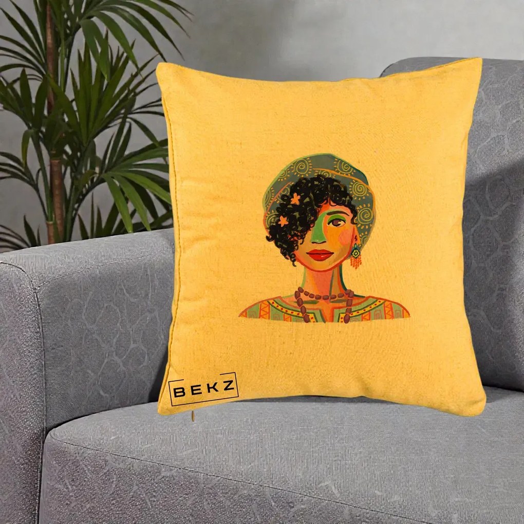 Perna Decorativa Portret Femeie Etnic Colorat, 40x40 cm, Galben, Husa Detasabila, Perna Inclusa, BEKZ®