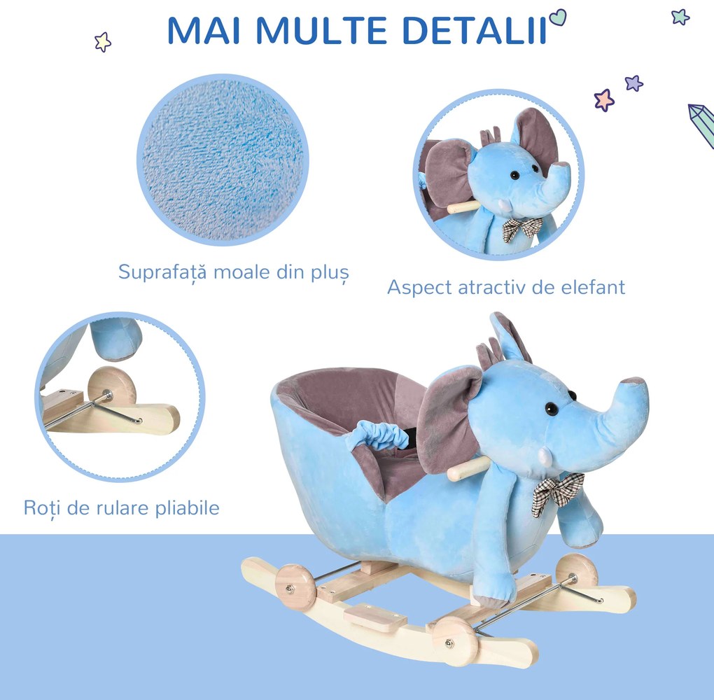 HOMCOM Balansoar pentru copii 18+ Luni cu Roți, Centură și Spătar, în Formă de Elefant,60x35x45 cm, Albastru | Aosom Romania