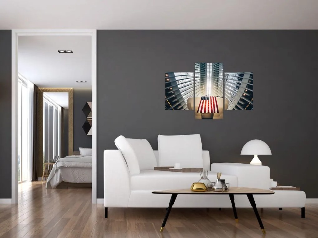 Tablou unei construcții cu steagul SUA (90x60 cm)
