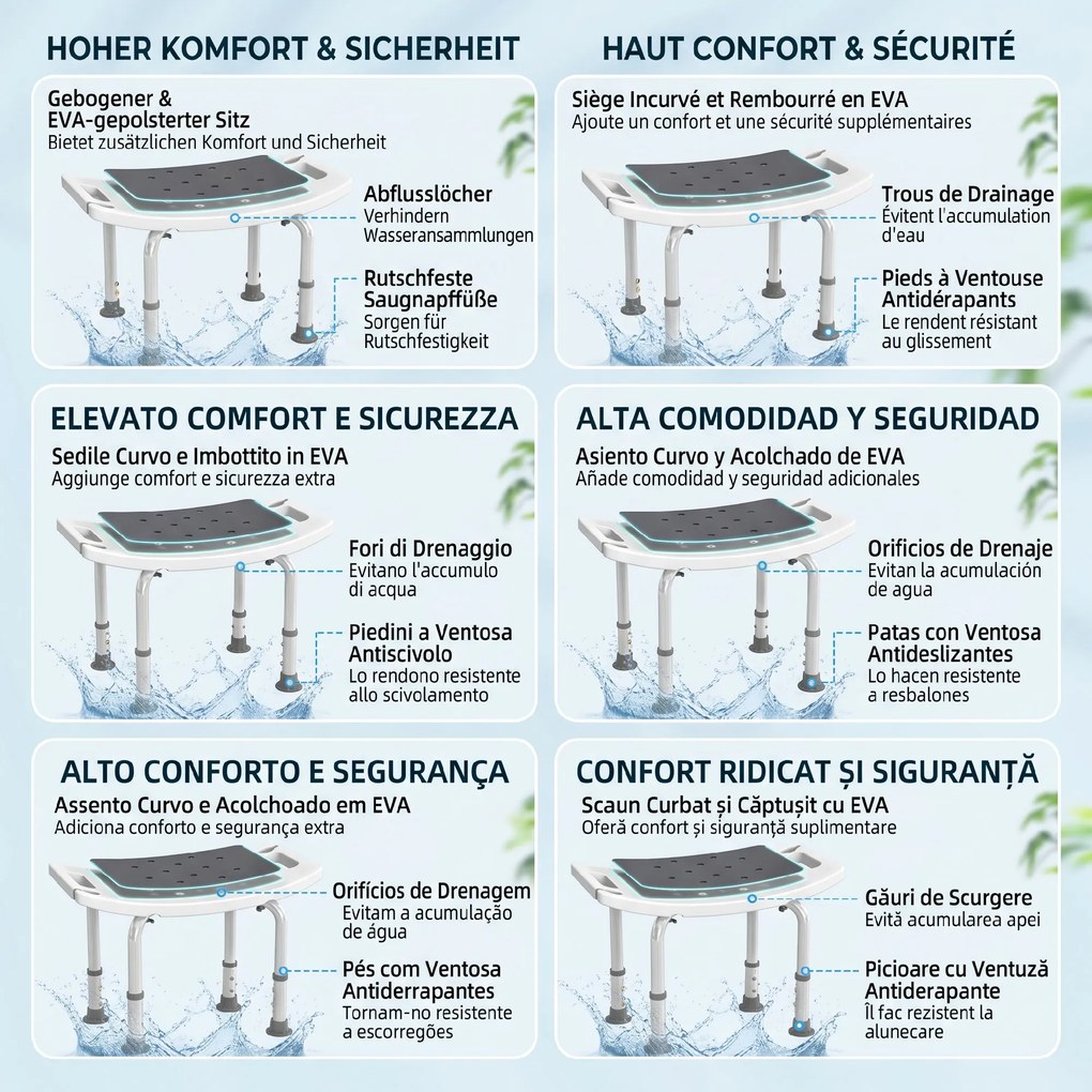 HOMCOM Scaun de Duș din Aluminiu și Plastic Antialunecare, Înălțime Reglabilă 6 Niveluri 39-52cm, Gri | Aosom Romania