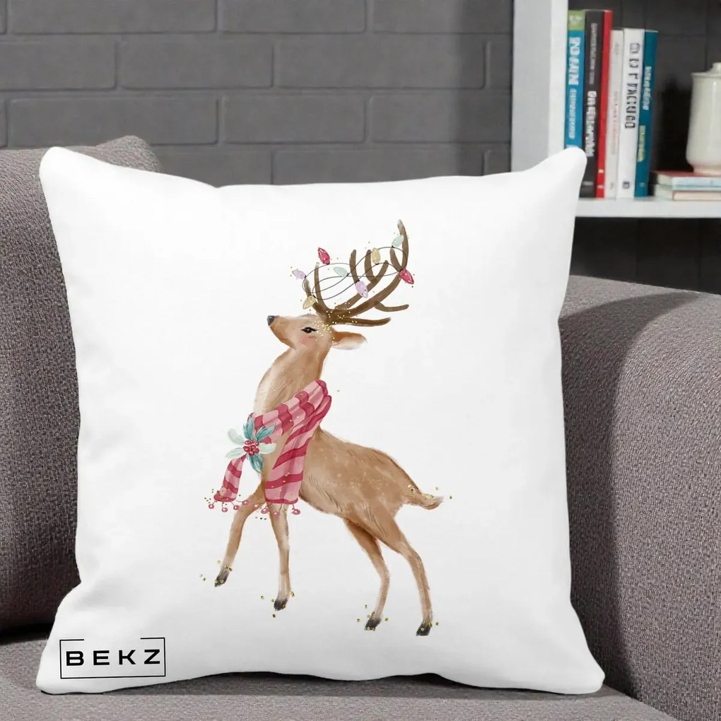 Perna Decorativa Renita cu Fular si Luminite, 40x40 cm, Alba Mata, Husa Detasabila, Perna Inclusa, BEKZ®
