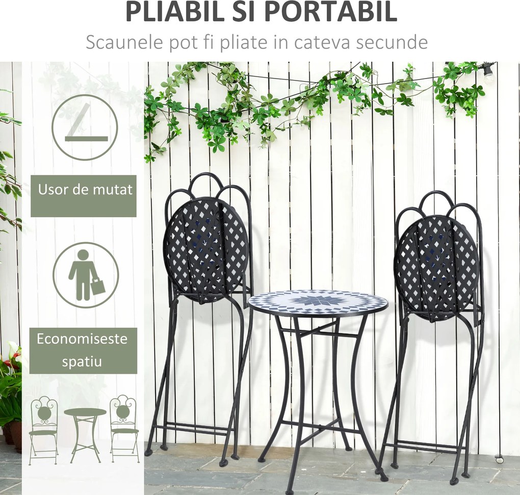 Set de Gradina cu 2 Scaune Pliante si 1 Masuta Outsunny, Metal si Piatra | Aosom Romania
