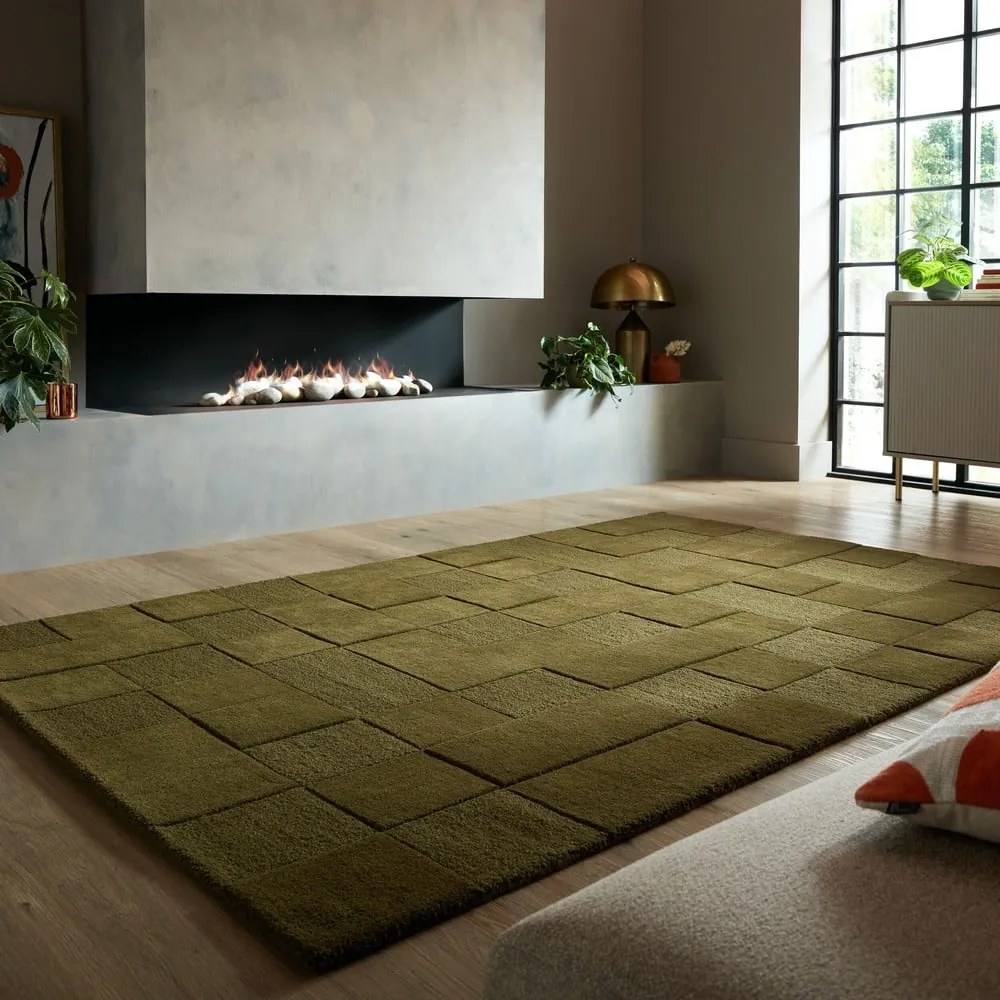 Covor kaki țesut manual din lână 160x230 cm Checkerboard – Flair Rugs