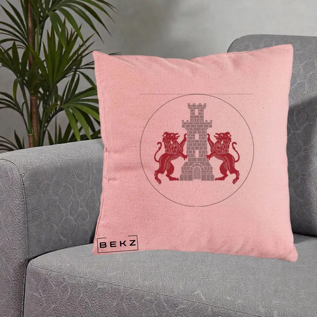 Perna Personalizata Cetatea Turnu Magurele Heraldic, 40x40 cm, Roz, Husa Detasabila, Perna Inclusa, BEKZ®