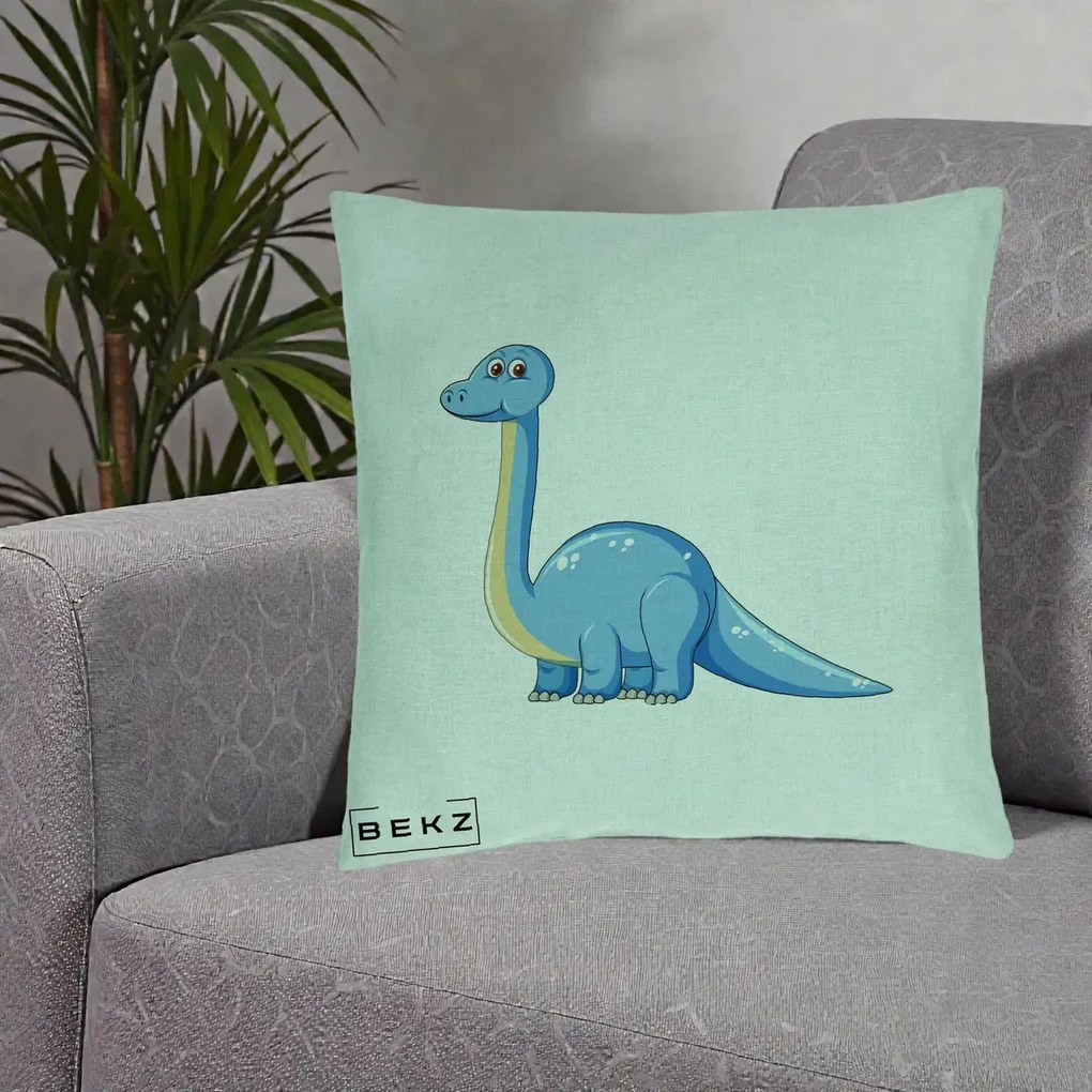 Perna Personalizata Brontosaur Albastru, 40x40 cm, Verde Menta, Husa Detasabila, Perna Inclusa, BEKZ®