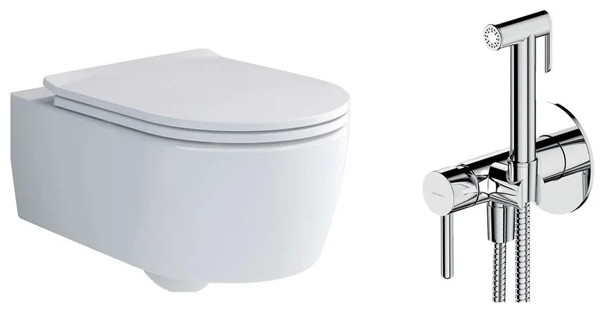 Pachet vas wc suspendat Villeroy&Boch Soul, capac softclose si set dus igiena intima crom cu baterie incastrata Omnires Y crom