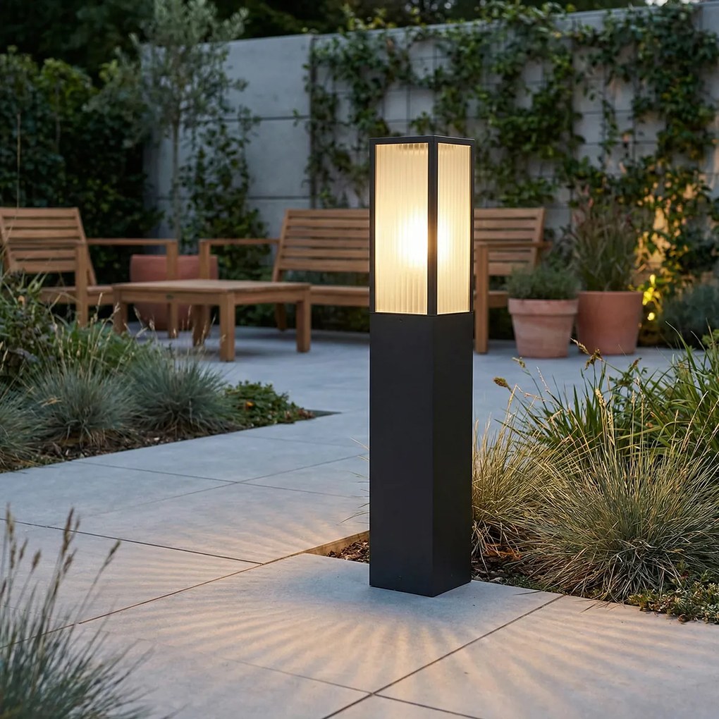 Lampă de exterior cu picior neagră cu sticlă cu nervuri 80 cm IP44 - Charlois