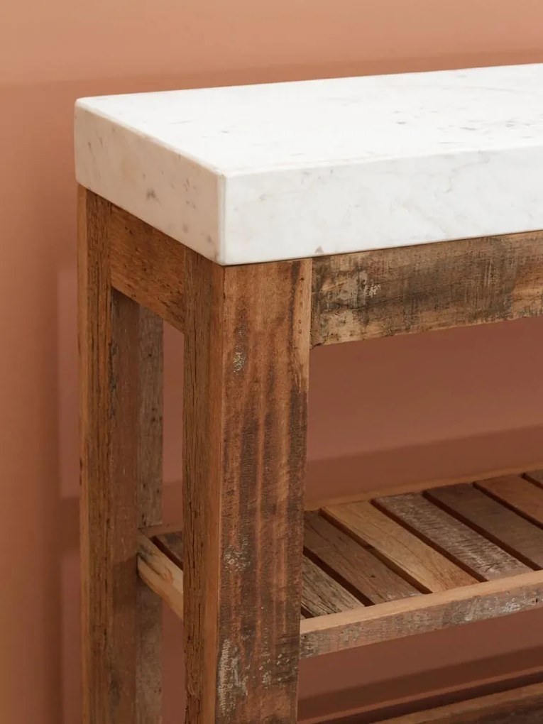 Consola din lemn reciclat si marmura, aspect rustic, Greta