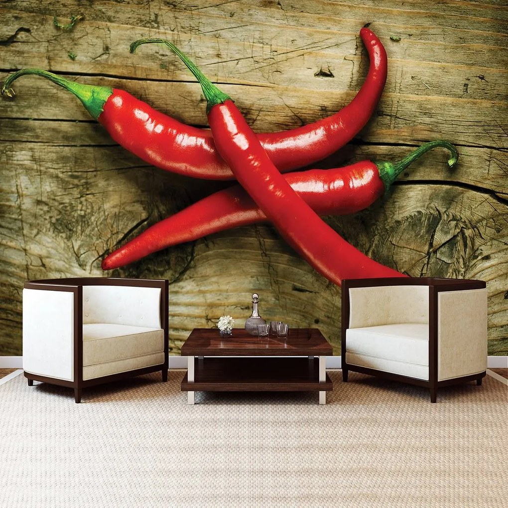 Fototapet - Chili ardei pe scănduri (254x184 cm)
