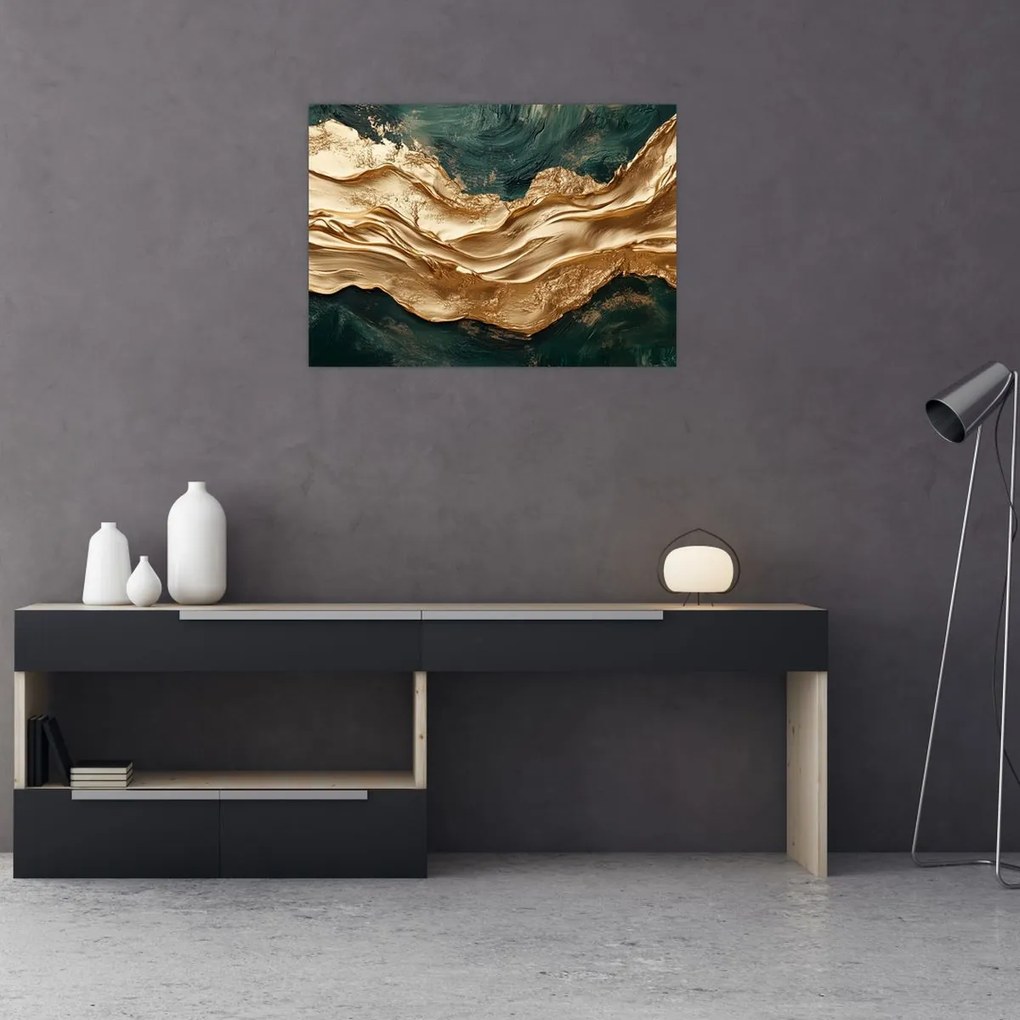 Tablou pe sticlă - Abstracție verde cu auriu II. (70x50 cm)
