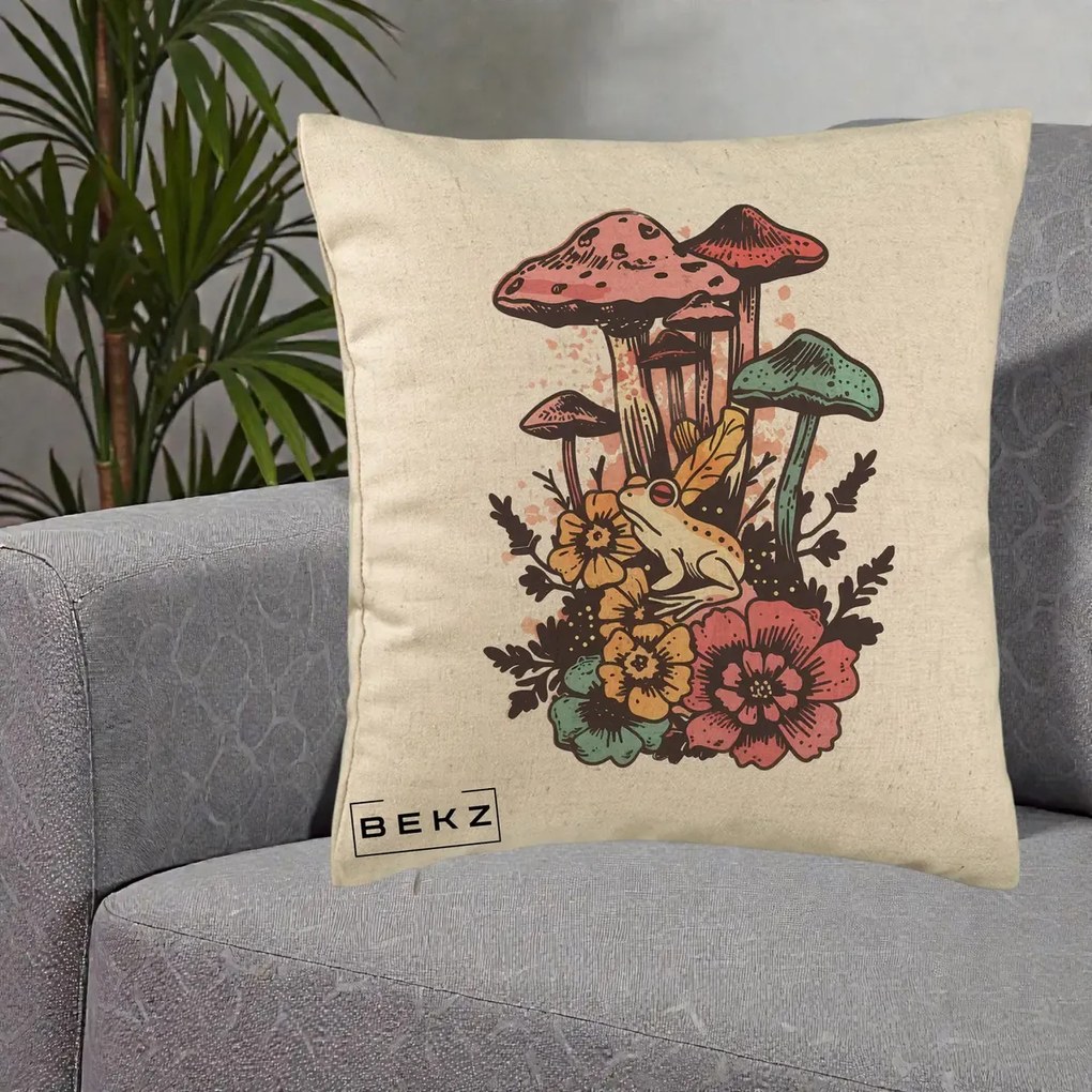 Perna Decorativa Ciuperci si Broaste Boho, 40x40 cm, Bej, Husa Detasabila, Perna Inclusa, BEKZ®