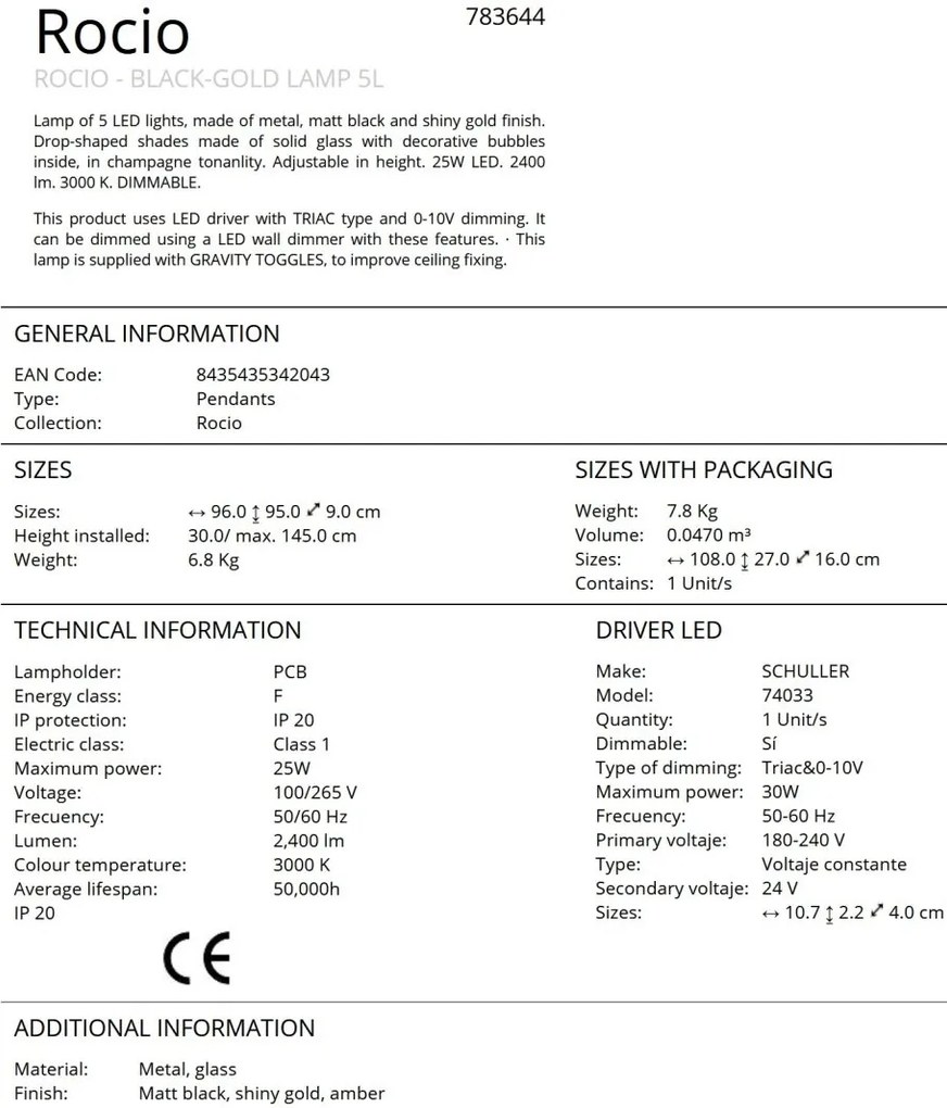 Lustra cu 5 pendule LED design modern Rocio negru/auriu