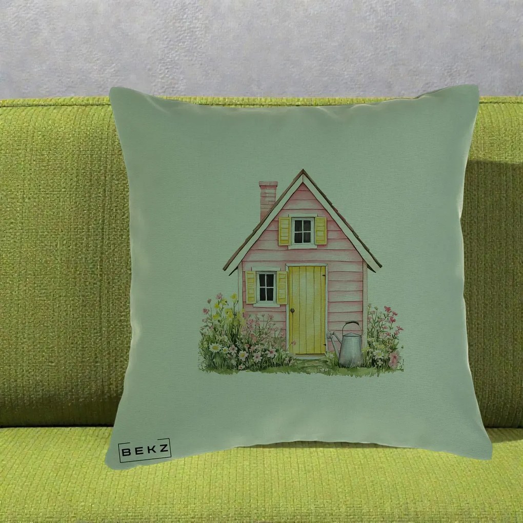 Perna Decorativa Casuta Roz Acuarela cu Gradina, 40x40 cm, Verde, Husa Detasabila, Perna Inclusa, BEKZ®
