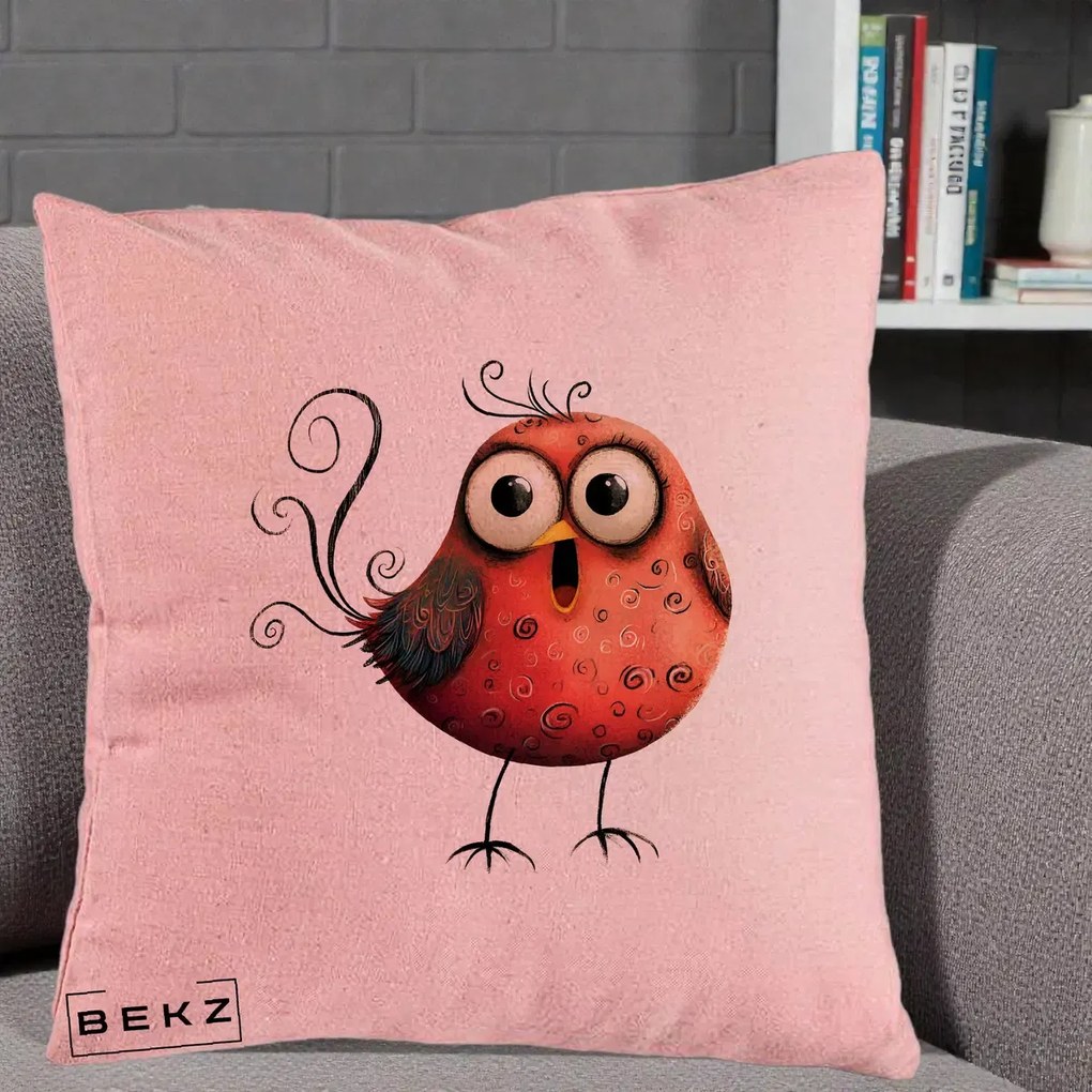 Perna Decorativa Pasare Rosie Exuberanta cu Spirale, 40x40 cm, Roz, Husa Detasabila, Perna Inclusa, BEKZ®