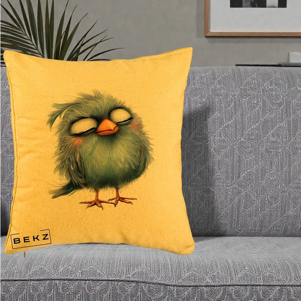 Perna Decorativa Pui Pufos Albastru Adormit, 40x40 cm, Galben, Husa Detasabila, Perna Inclusa, BEKZ®