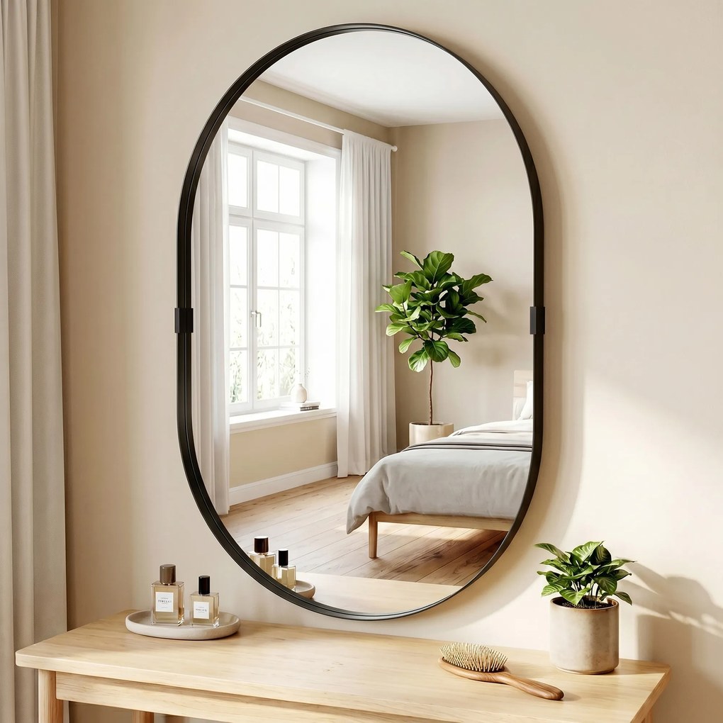 HOMCOM Oglindă de perete, oglindă decorativă 60 x 90 cm din sticlă securizată cu cadru din aluminiu, pentru dormitor, living, hol, negru | Aosom Romania