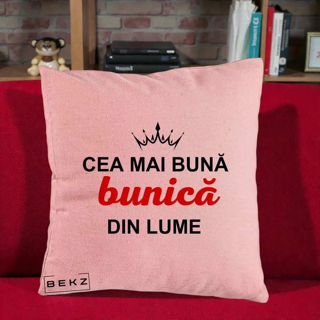 Cadou pentru Bunica - Perna Personalizata Cea Mai Buna Bunica Din Lume Coroana Neagra, 40x40 cm, Roz, Husa Detasabila, Perna Inclusa, BEKZ®