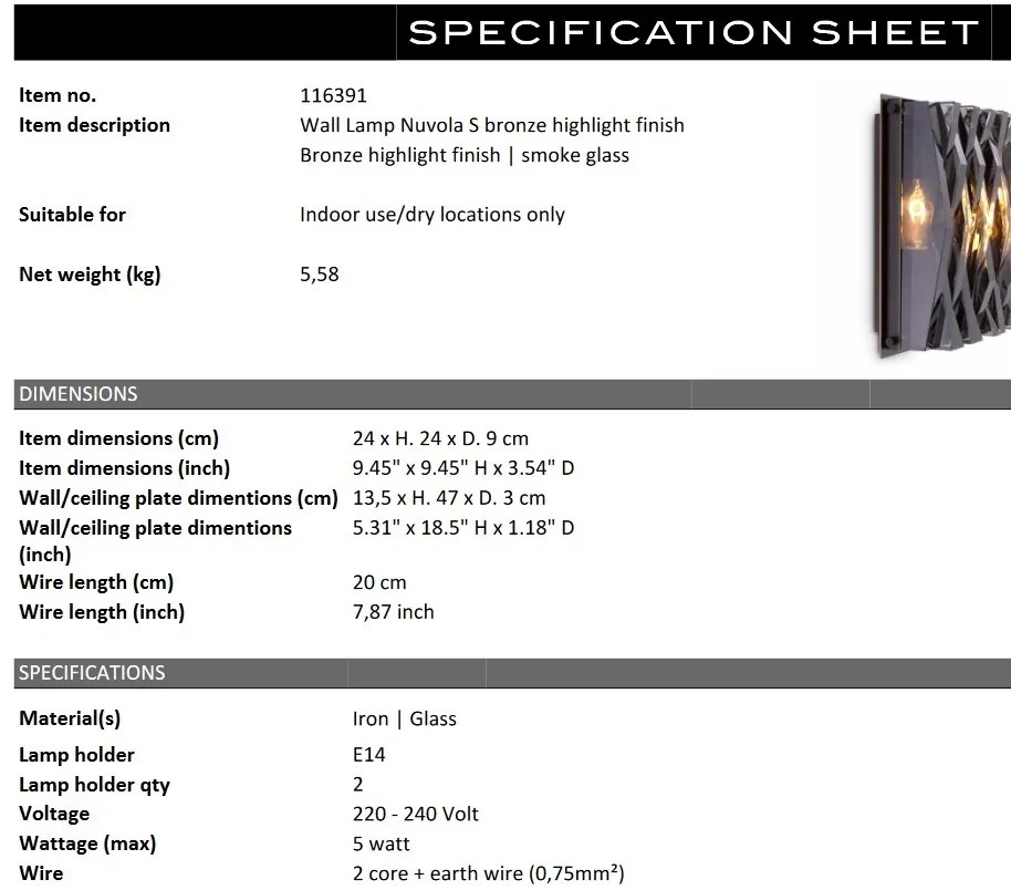 Aplica de perete cu aspect arhitectural Nuvola S bronz/ fumuriu