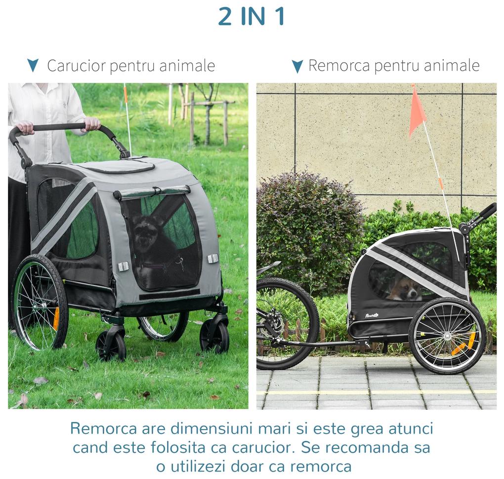 Carucior pentru animale de companie 2-in-1 Atasament pentru transportul de biciclete cu cadru de otel 134x57x108 PawHut | Aosom RO