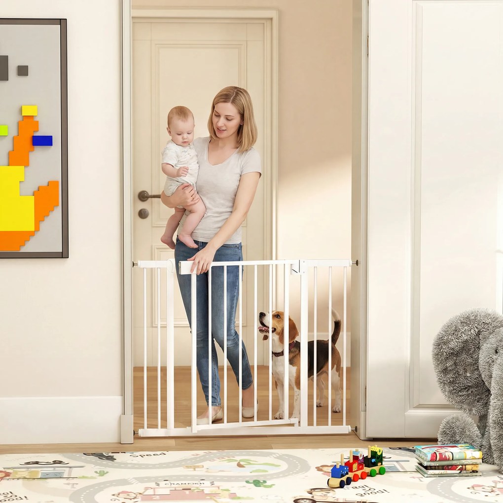 PawHut Poartă de Siguranță pentru Copii și Animale, Extensibilă 96-103 cm, Înălțime 76 cm, Poartă pentru Câini, Scări și Uși, Închidere Automată, Montaj prin Presiune, Deschidere în Ambele Direcții, Alb | Aosom Romania