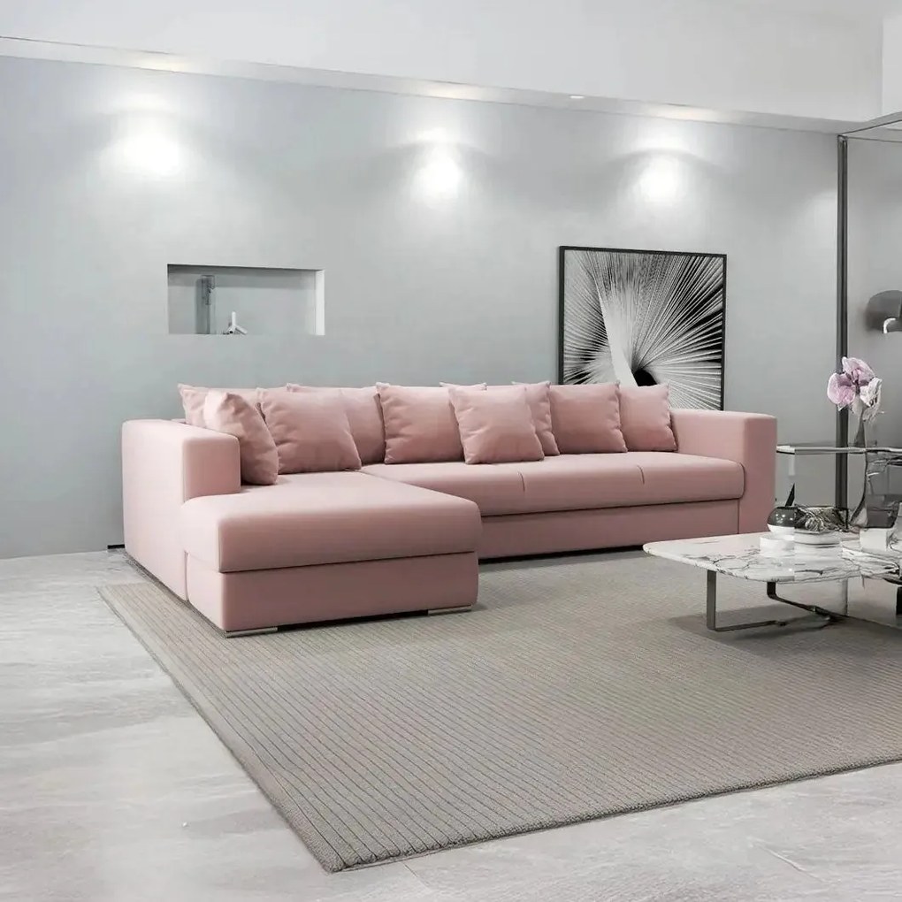 Colțar extensibil dumonde cu ladă de depozitare si sezut confortabil din spuma high-density, Gloria Royal Pink 320x183 cm