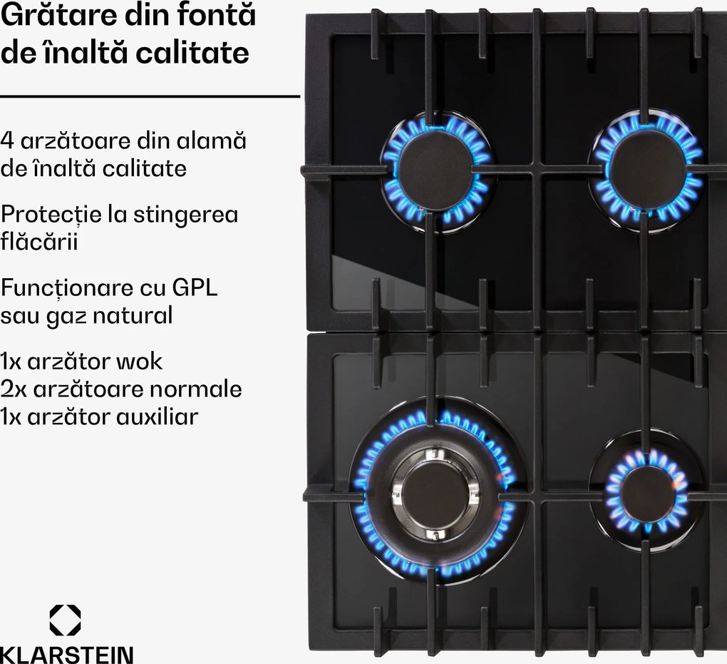 Klarstein Ignito, plită pe gaz, 4 arzătoare, arzător Sabaf, sticlă ceramică, negru