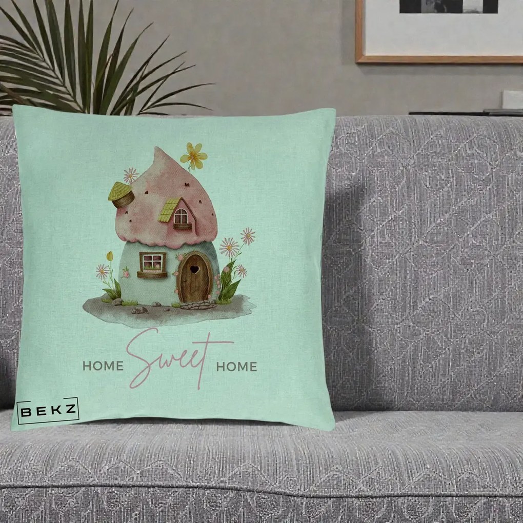 Perna Decorativa Home Sweet Home Casuta, 40x40 cm, Verde Menta, Husa Detasabila, Perna Inclusa, BEKZ®