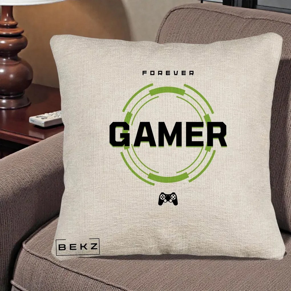 Perna Personalizata Forever Gamer, 40x40 cm, Bej Canapea, Husa Detasabila, Perna Inclusa, BEKZ®
