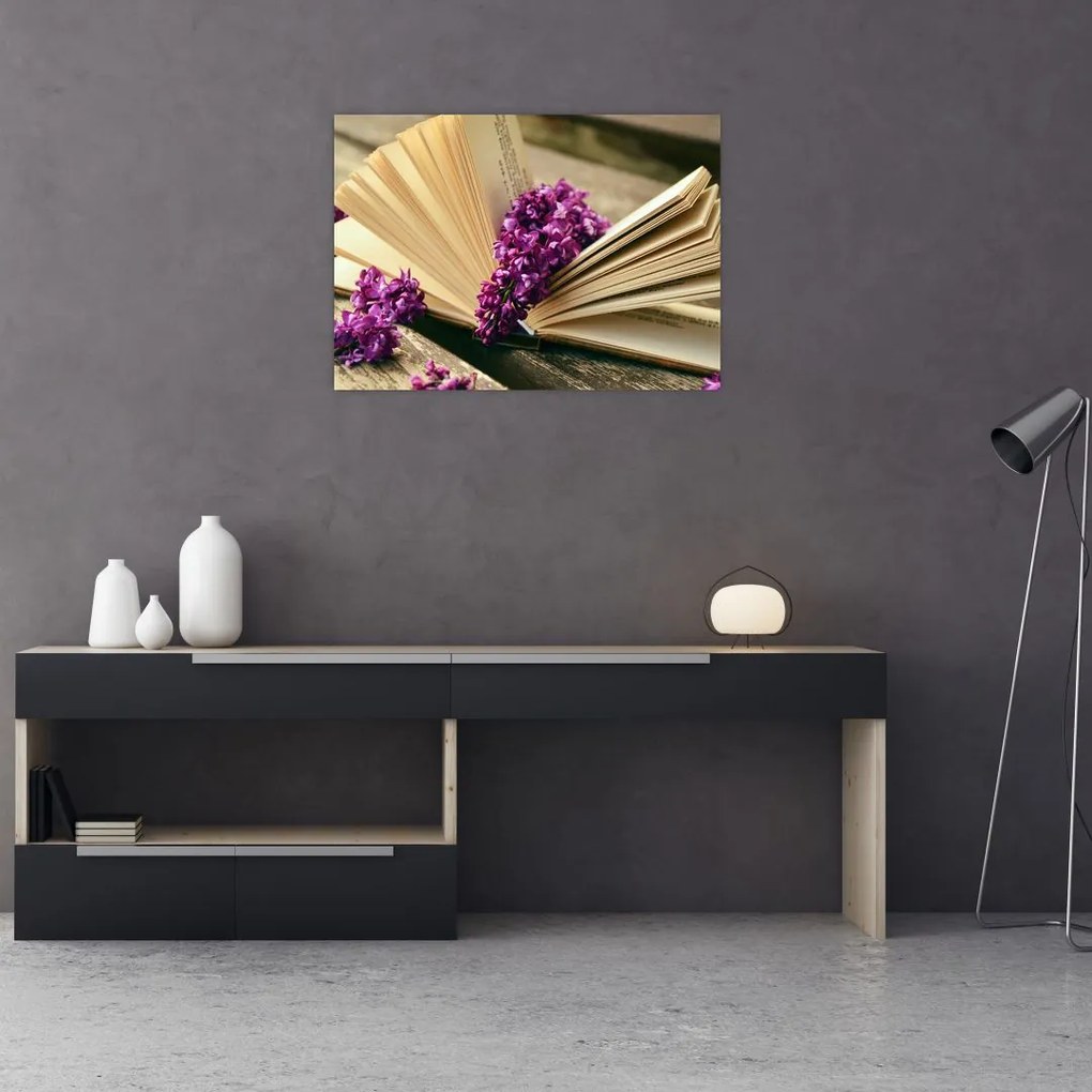 Tablou cu carte și floare violetă (70x50 cm)