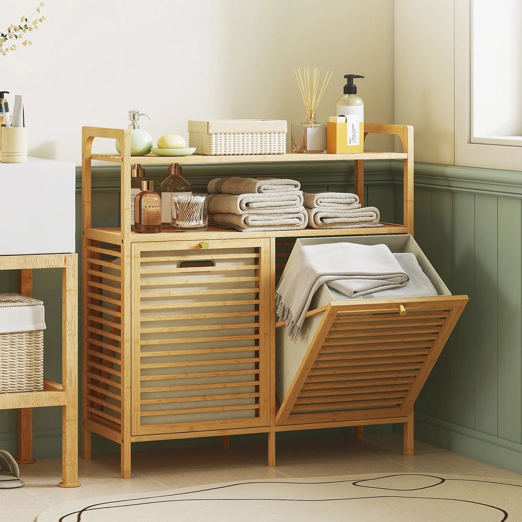 HOMCOM Mobilier pentru Rufe de Baie cu 2 Compartimente Basculante, 82L, Suport pentru Rufe Murdare din Bambus cu Coșuri Detașabile și Lavabile și 2 Rafturi, pentru Spălătorie și Baie, 82x33x88 cm, Culoare Lemn | Aosom Romania