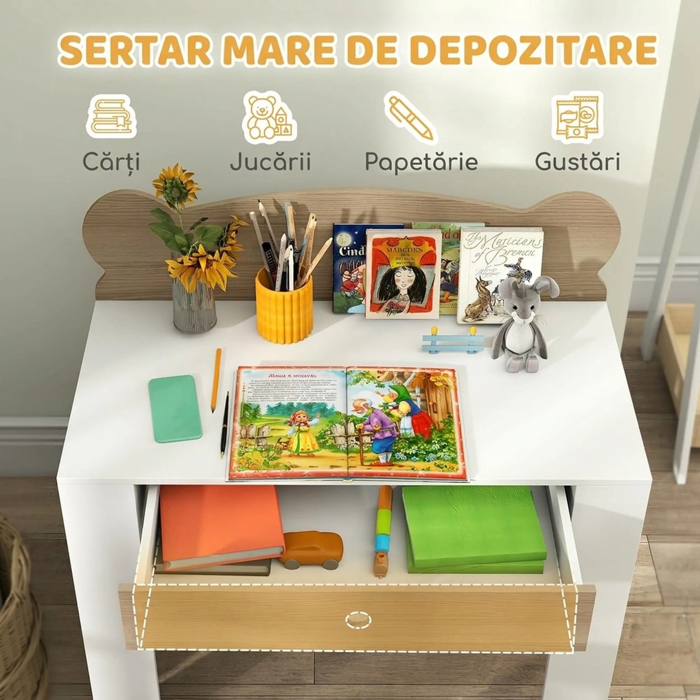 AIYAPLAY Set birou pentru copii cu sertar și scaun cu spătar ursuleț, 3-8 ani, culoare lemn | Aosom Romania