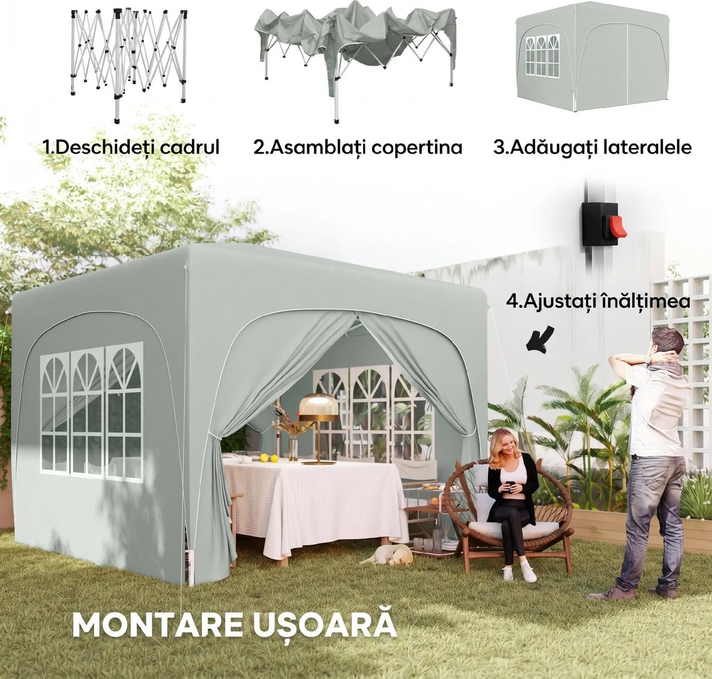 Outsunny Pavilion Pliabil cu Ferestre Laterale și Geantă de Transport, 300x300x273 cm, Gri Deschis | Aosom Romania