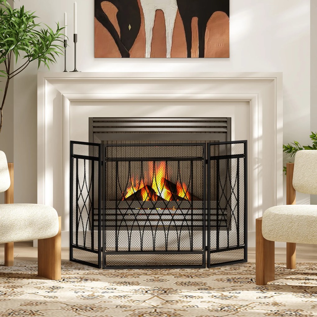 HOMCOM Grilă de protecție pentru șemineu - Paravan larg pentru șemineu sau sobă - Protecție contra scânteilor - barieră de siguranță - 3 panouri pliabile - metal negru | Aosom Romania