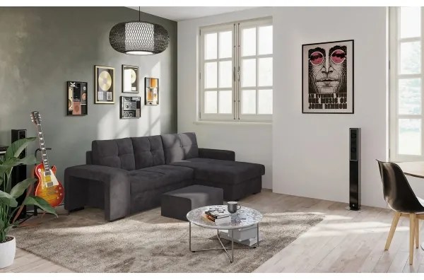 Canapea extensibilă cu spațiu de depozitare și taburet PALERMO, neagră, pe stânga