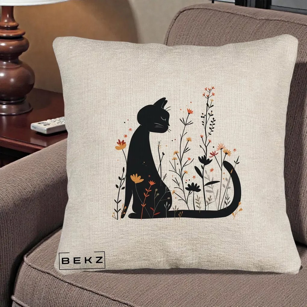 Perna Decorativa Pisica Neagra Flori Portocalii Silueta, 40x40 cm, Bej Canapea, Husa Detasabila, Perna Inclusa, BEKZ®
