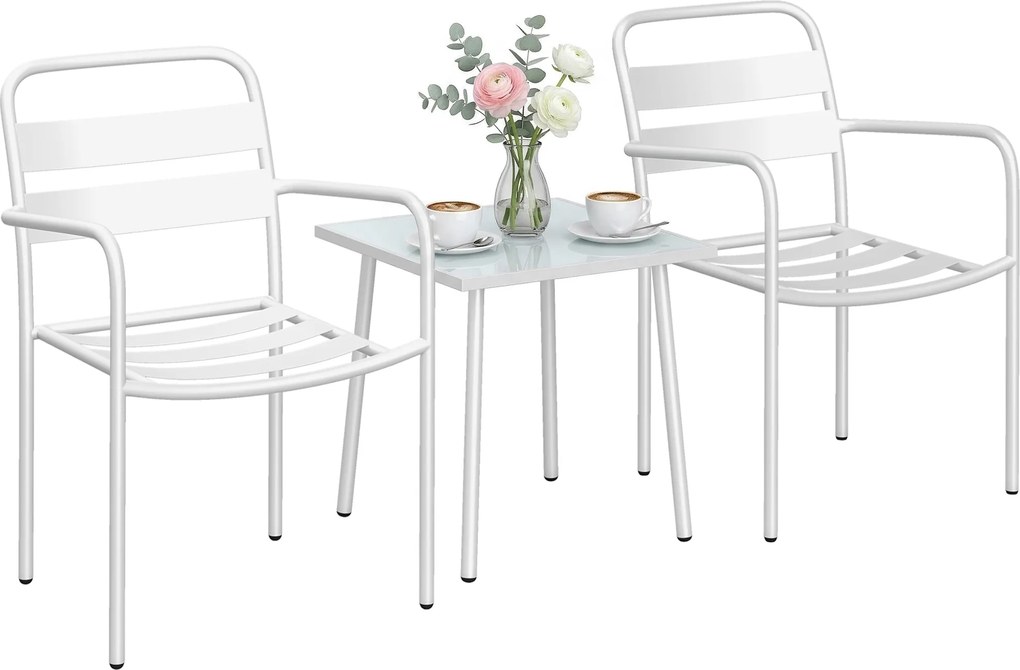 Outsunny Set bistro 3 piese, set mobilier metalic de grădină cu 2 scaune, masă din sticlă, design cu lamele, rezistent la rugină | Aosom Romania