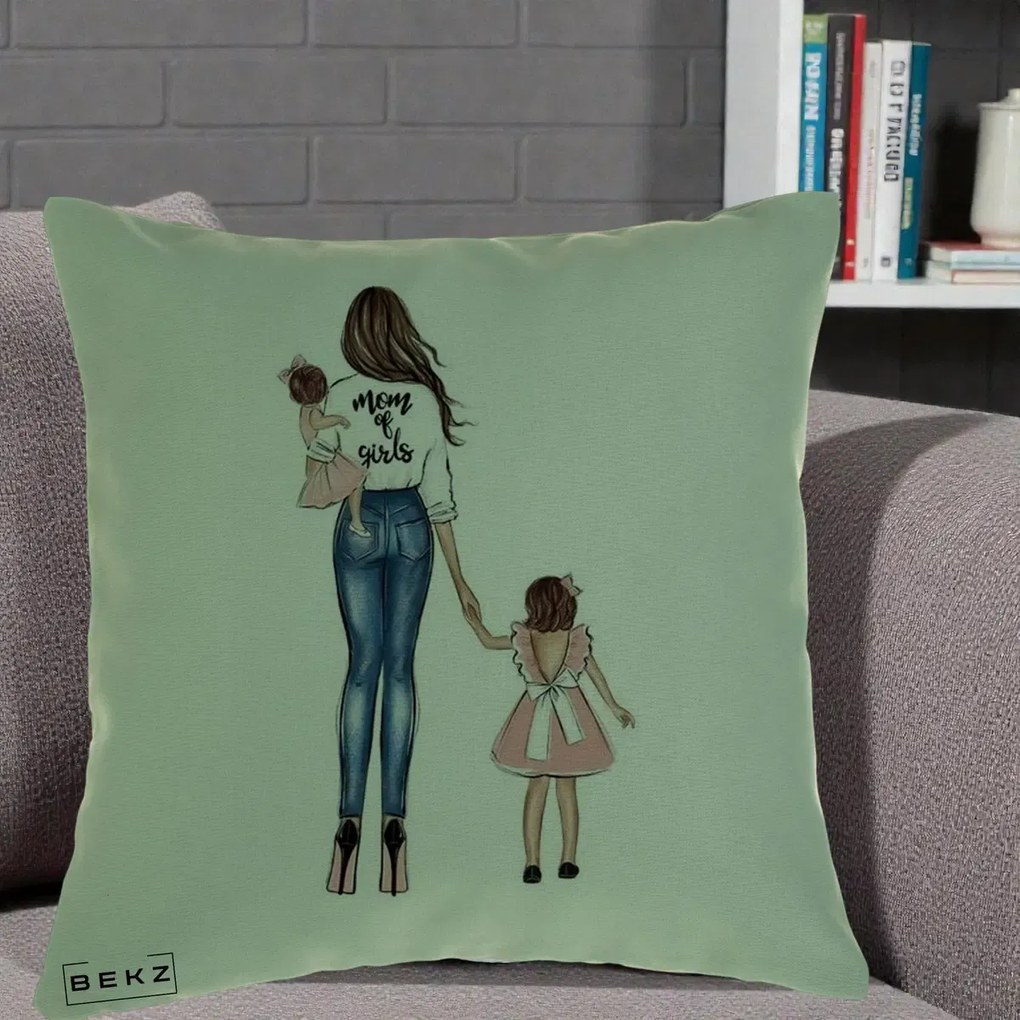 Cadou pentru Mama - Perna Personalizata Mom of Girls Mama cu Fetele, 40x40 cm, Verde, Husa Detasabila, Perna Inclusa, BEKZ®