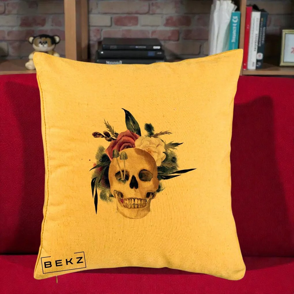 Perna Decorativa Craniu Floral cu Trandafiri si Ciuperci, 40x40 cm, Galben, Husa Detasabila, Perna Inclusa, BEKZ®