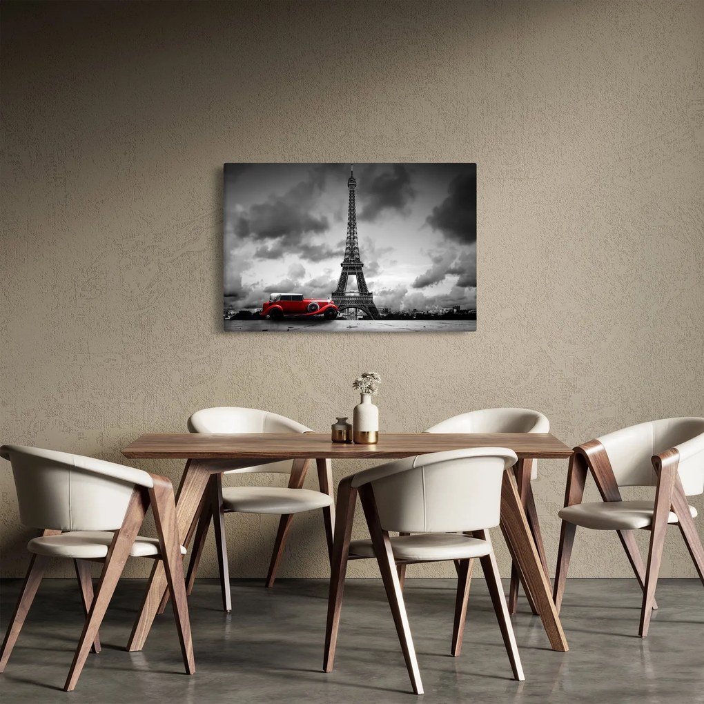 Tablou - Turnul Eiffel și mașina roșie (90x60 cm)