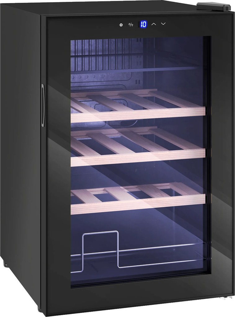 HOMCOM Răcitor pentru Vinuri de 53L cu Rafturi Ajustabile pentru 12 Sticle și 25 Doze, Răcitor Vinuri din Oțel, Lemn și Sticlă Temperată, 43x45x64 cm, Negru | Aosom Romania