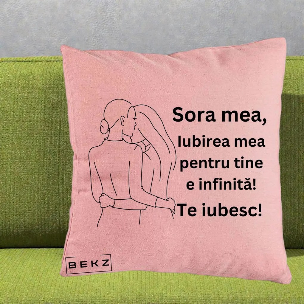 Cadou pentru Sora - Perna Personalizata Sora Mea Te Iubesc Imbratisare din Spate Line Art, 40x40 cm, Roz, Husa Detasabila, Perna Inclusa, BEKZ®